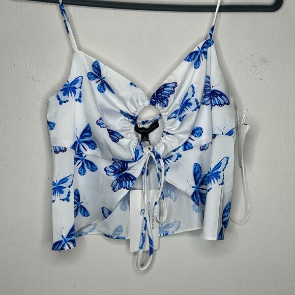 NWT 2-pc Set Satin White with Blue Butterfly Print Crop Top and Mini Skirt S - Picture 7 of 16